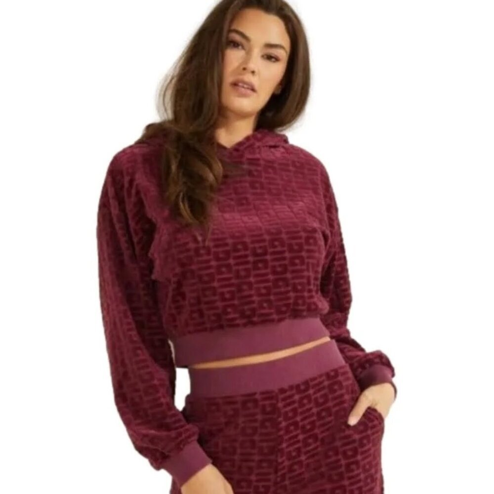 Guess After Party Velour Purple Cropped Hoodie Women’s Size Medium Lounge Baddie
